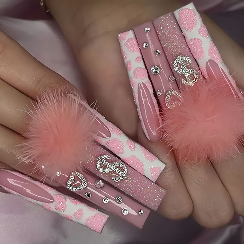 Nail Art Pink - 24 قطعة مربع طويل جدًا اضغط